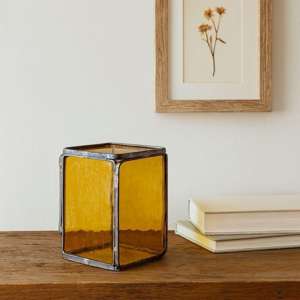 Vintage Yellow Stained Glass Metal Frame Rectangular Display Decor
